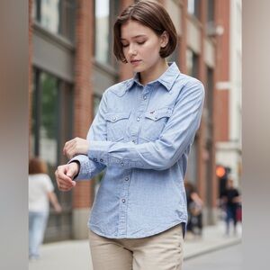 Hollister Western Style Pearl Snap Blue Chambray Button Up Shirt, size medium